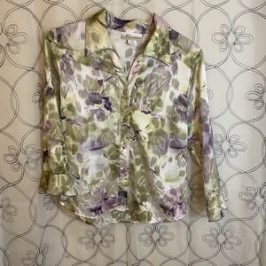 Woman's DressBarn Long Sleeve Sheer Purple Green Floral Top Size Medium